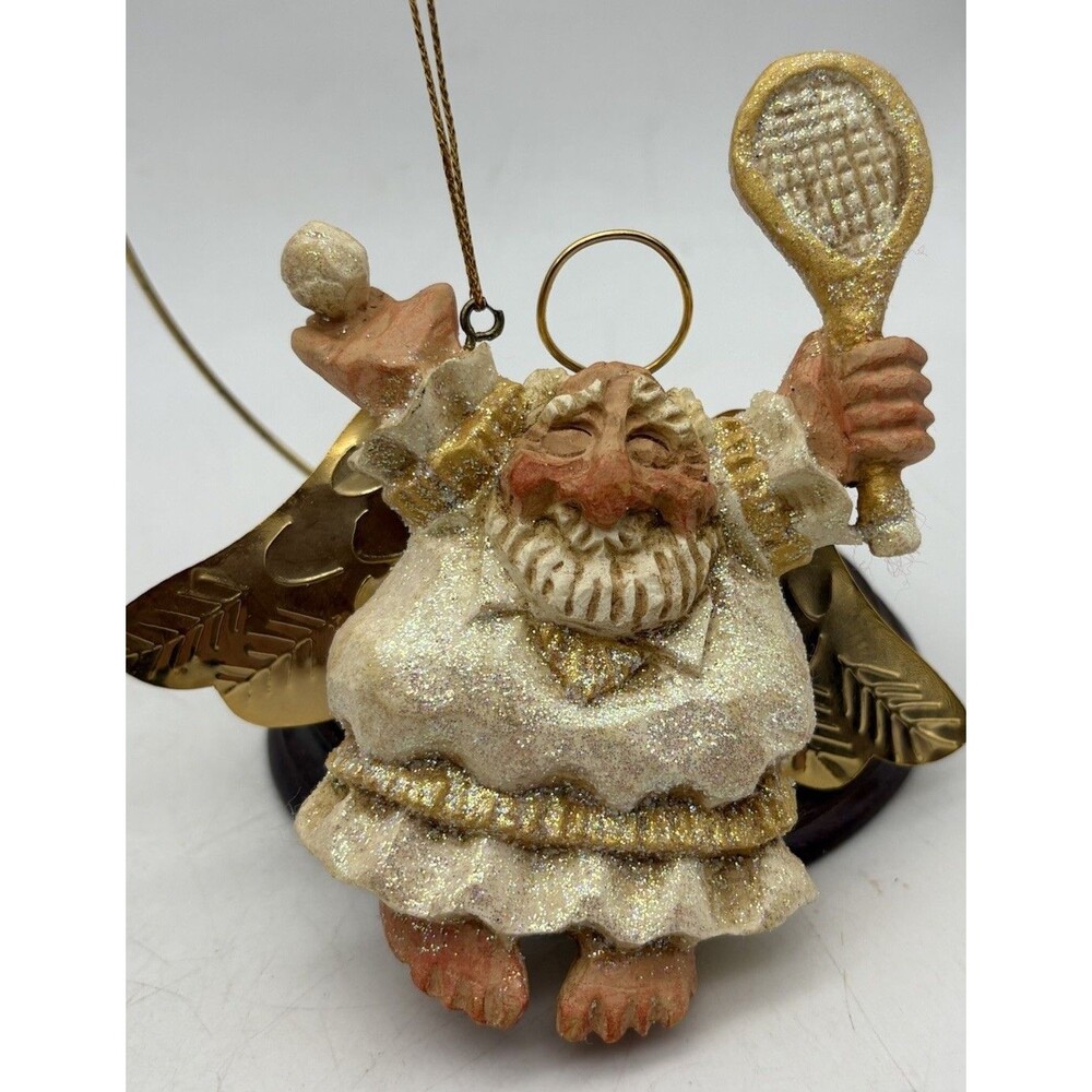 Whimsical Tennis Player Angel Christmas Ornament Racket Ball Gold Wings 4.5”